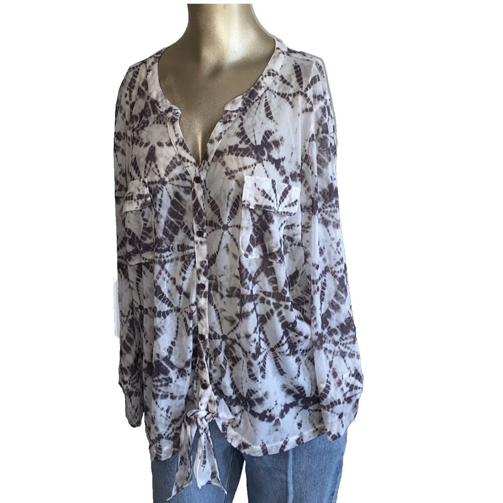 Chico's Size 3 Women XL Shibori Spot Tie Front Sheer Mesh Top Pockets Button